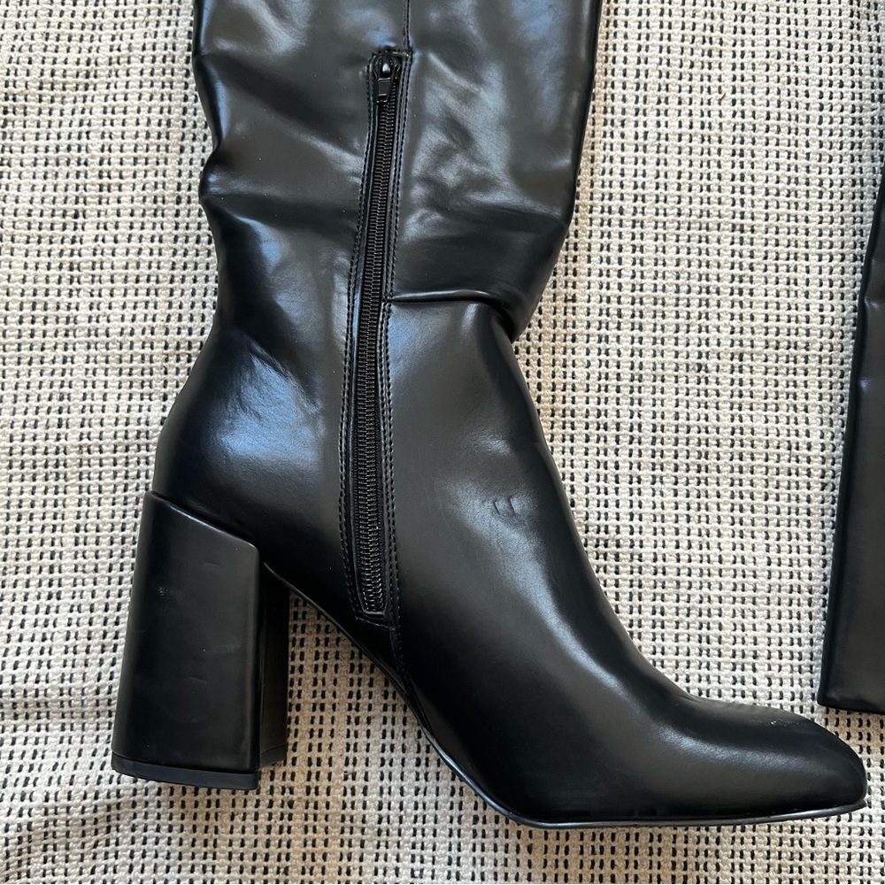 Black Knee High Block Heel Boots | Square Toe Chic Trendy Fall Winter Boots - Picture 2 of 7